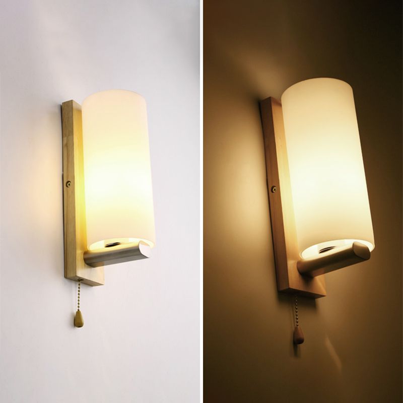 White Glass Wall Light in Modern Concise Style Wooden Cylindroid Wall Sconce for Bedroom