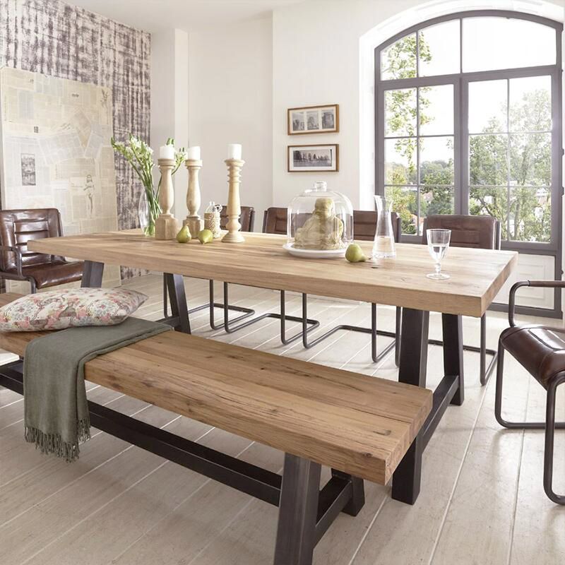 Industrial Pine Wood Table for Restaurant Rectangle Table with Metal Double Pedestal