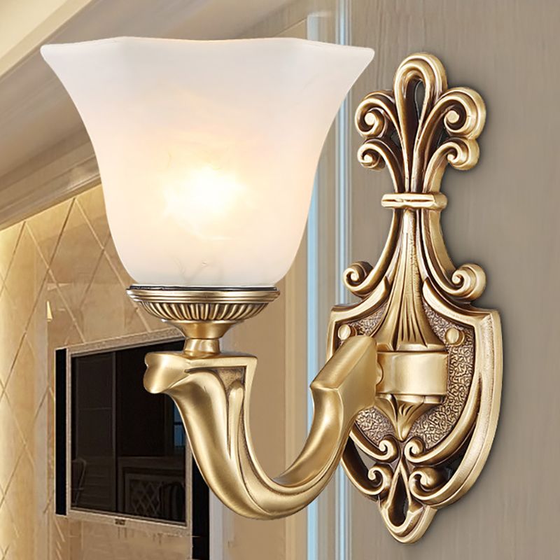 1/2 Bulbs Trumpet Sconce Lamp Tradition Opal Glass Wall Lighting Fixture with Brass Metal Curved Arm
