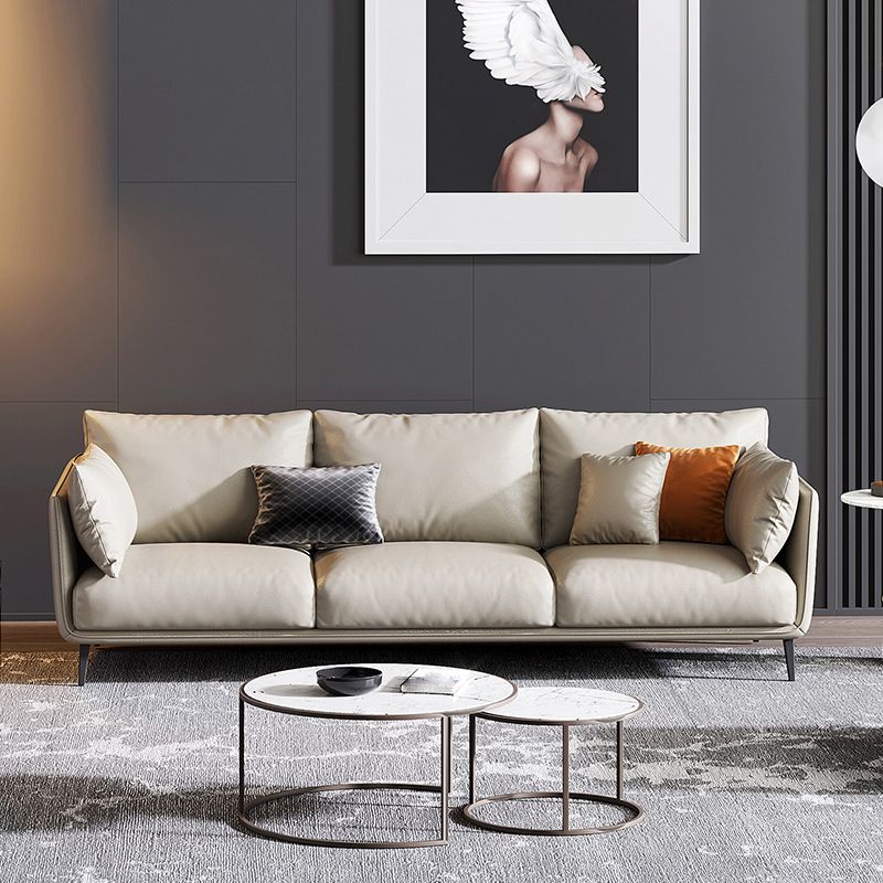 Living Room Genuine Leather Couch Square Arm Sofa with Pillow Back