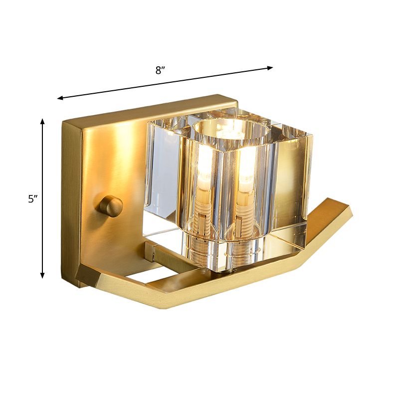 1-Bulb Parlor Wall Mount Light Modern Gold Wall Lighting Fixture with Cubic Clear Crystal Shade