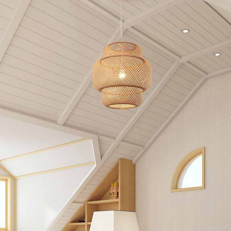 1 Light Tiered Pendant Lighting Japanese Rattan Pendant Lighting Fixtures for Restaurant