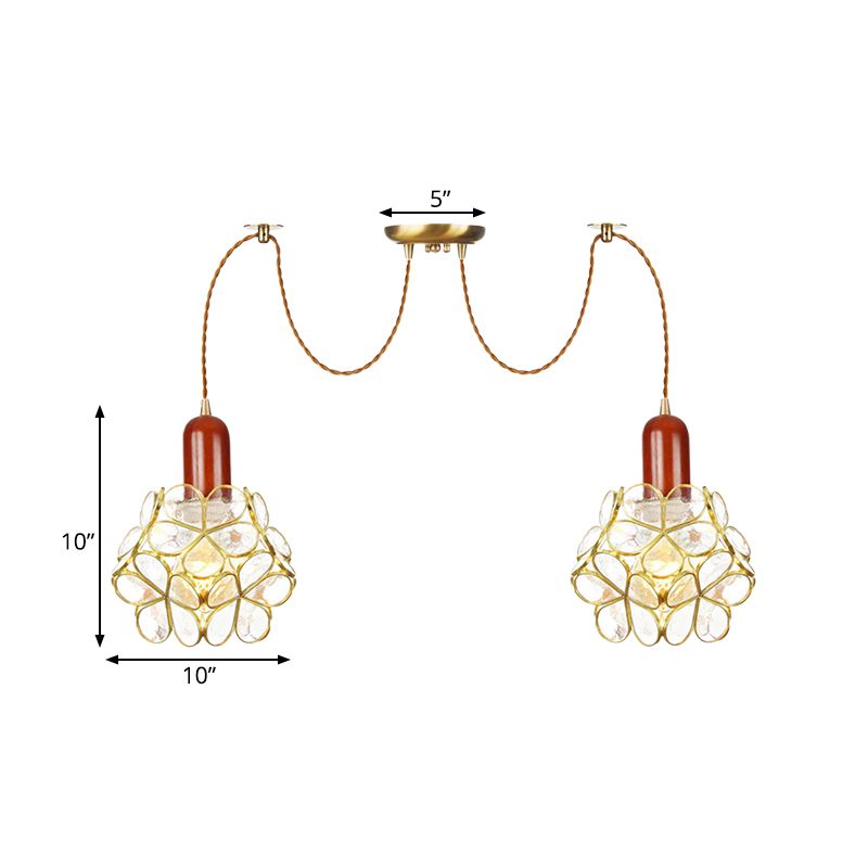 2/3/4-Head Clear Water Glass Pendant Light Traditional Gold Flower Bedroom Swag Multiple Hanging Lamp