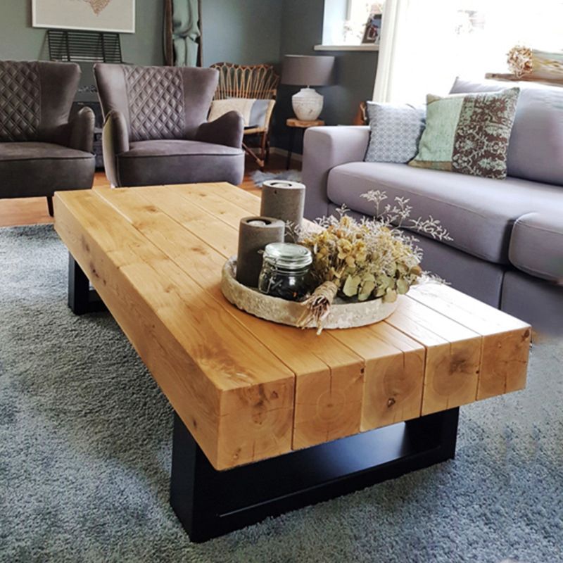 Solid Wood Coffee Table with Metal Sled Legs for Living Room
