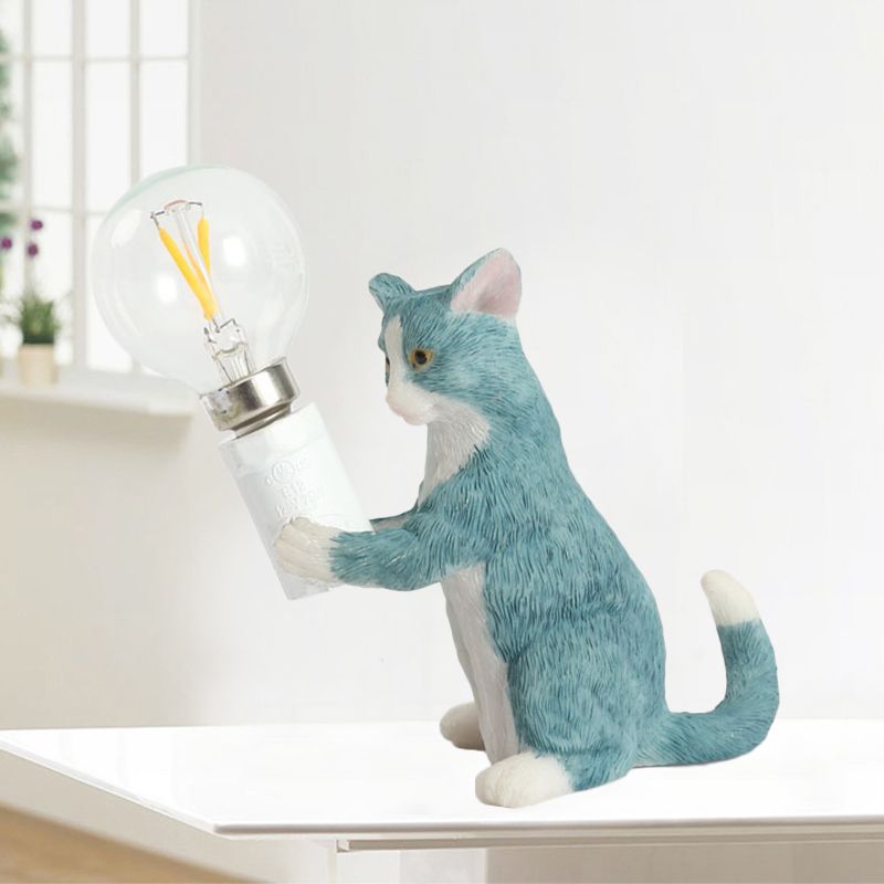 Tabby Cat Holder Table Lamp Kids Iron 1 Bulb Black/Yellow/Blue Nightstand Light with Bare Bulb Design