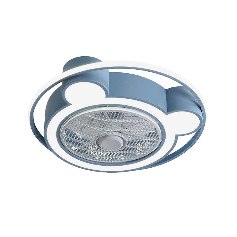 Modernism Bear Head Pendant Fan Lamp 21.5" Wide LED Acrylic Semi Flush Mounted Light in Pink/Blue with Ring
