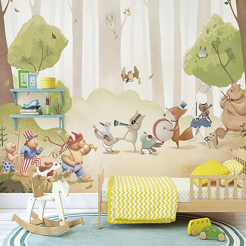 Whole Animal and Forest Mural Wallpaper for Kid Cartoon Design Wall Covering in Green, Stain-Resistant