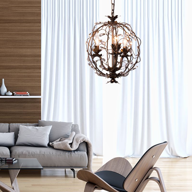 Traditional Globe Hanging Chandelier Metal 3/5 Bulbs Suspension Light in Antique Brass with Crystal Leaf