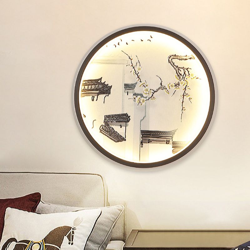 Chinese Ancient Town Metal Mural Light LED Flush Mount Wall Sconce in Black for Living Room