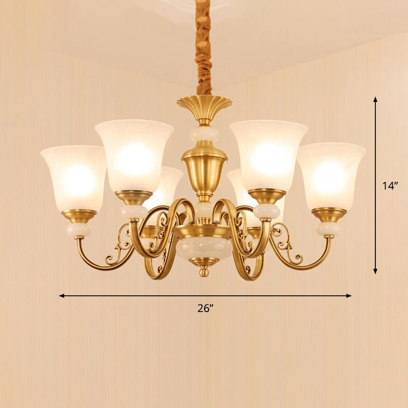 Frosted White Glass Bell Pendant Light Minimalist 6-Bulb Dining Room Chandelier in Gold