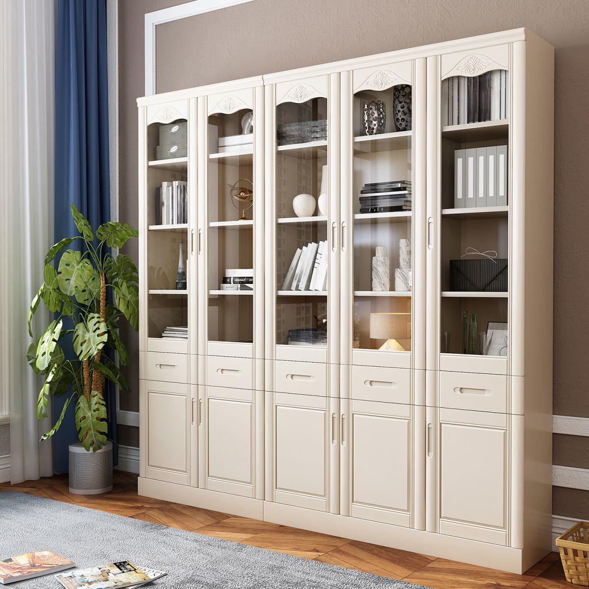 79"H Modern Style Bookcase Solid Wood Closed Back Bookshelf with Door for Home Office