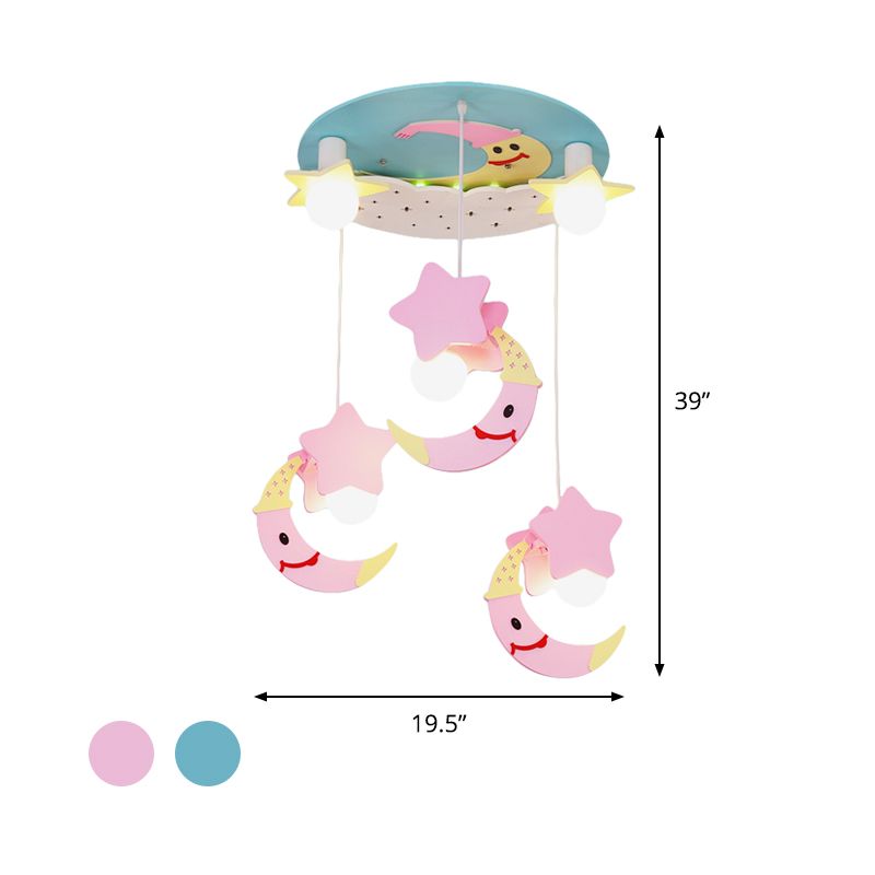 Moon and Star Wood Semi Flush Mount Cartoon 5 Lights Blue/Pink Finish Flush Ceiling Lighting
