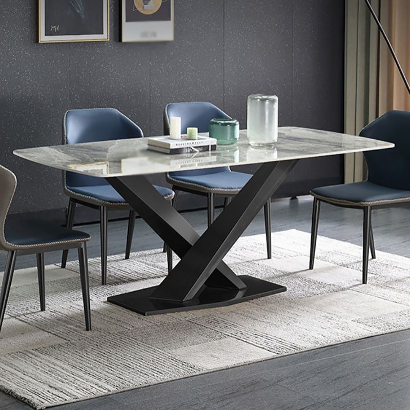 Stone Top Dining Table Modern Rectangle Dining Table with Black Base