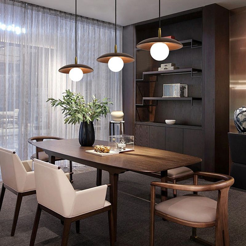 Dark Brown Saucer Pendant Lighting Simple 1-Light Wooden Ceiling Light with White Glass Shade