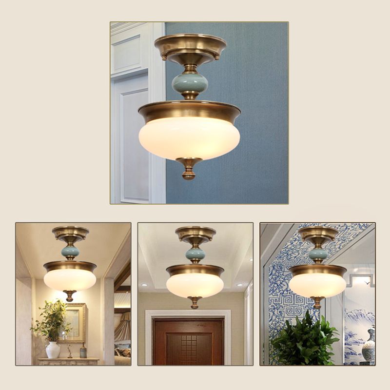Traditional Semi Flush Mount Light Simple Ceiling Lamp with Glass Shade for Living Room