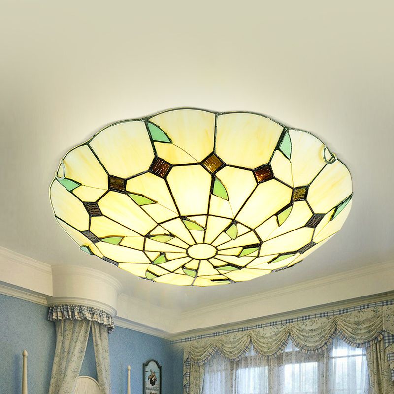 3 Bulbs Bowl Flush Lighting Stained Glass Tiffany Ceiling Light Fixture for Living Room