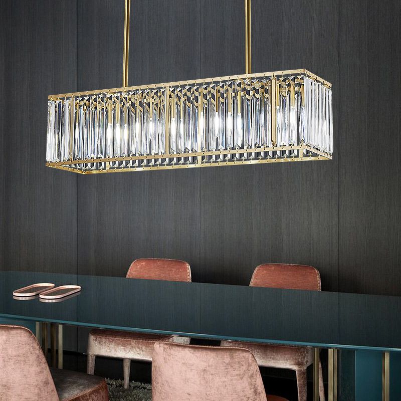 Luce a sospensione dell'isola a LED in oro in rame nella moderna lampada appesa al cristallo rettangolare per sala da pranzo
