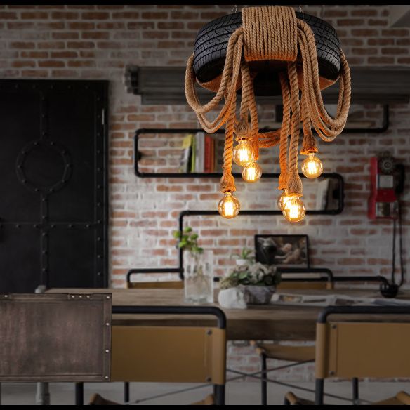 Modellazione di pneumatici in stile industriale vintage Modellazione della canapa a corda appesa a 6 luci a 6 luci a sospensione aperta sospensione per il negozio di caffè