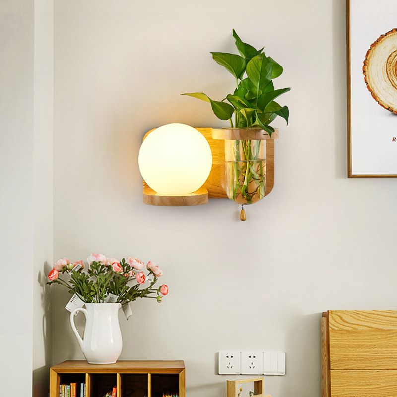 Round Shade Wall Lighting Modern Simple Wood Style Wall Light in Brown and White