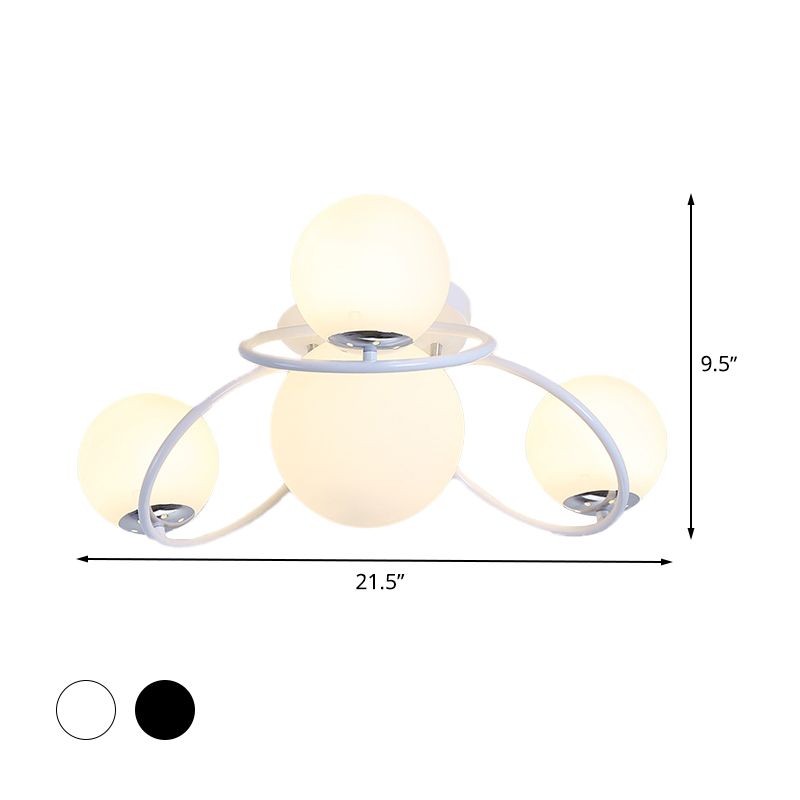 4-Lamp Slaapkamer Flush Verlichting Modernisme Wit/Zwart Plafond Flush Mount met ronde melk glas Shade