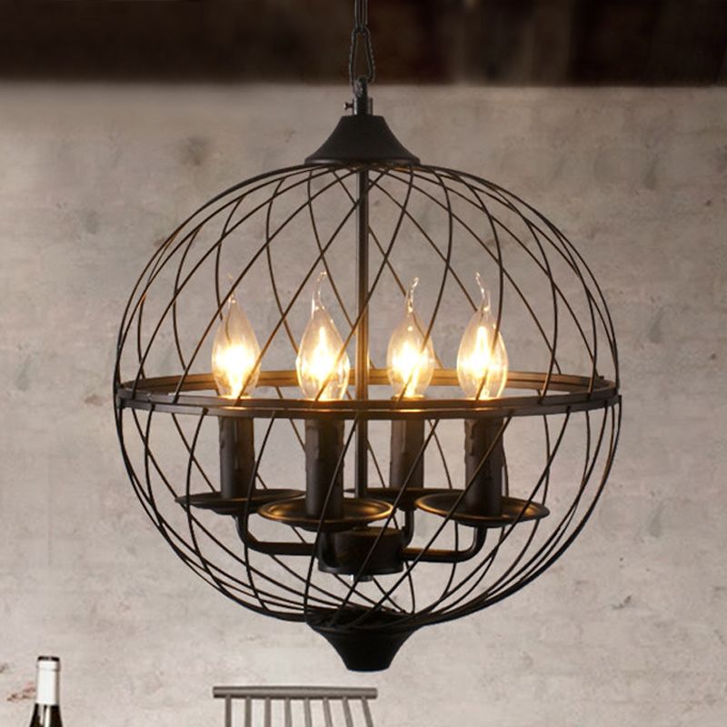 Iron Black Chandelier Lighting Global Mesh Shade 4 Bulbs Industrial Ceiling Light Fixture with Adjustable Chain for Dining Room