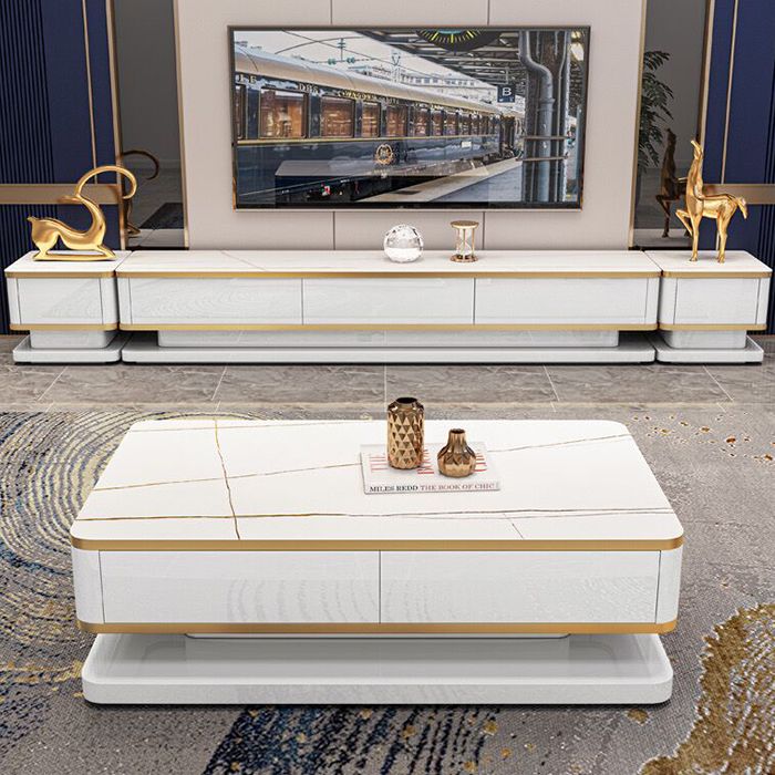 18"H Glam Single White Rectangular Coffee Table with Storage