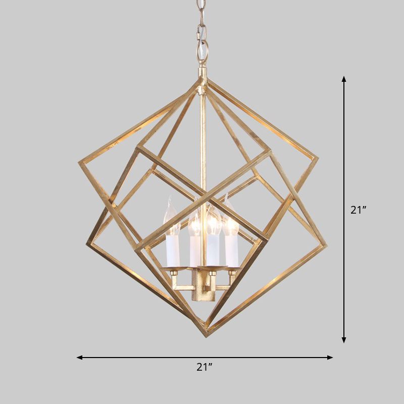 4 Lights Metal Pendant Chandelier Classic Gold Rhombus Living Room Hanging Ceiling Fixture with Candle Shade