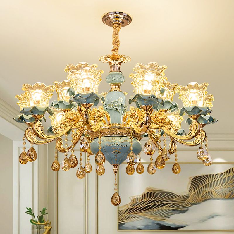Handblown Glass Blue Chandelier Light Ruffle Flower Retro Pendant Light with Crystal Draping