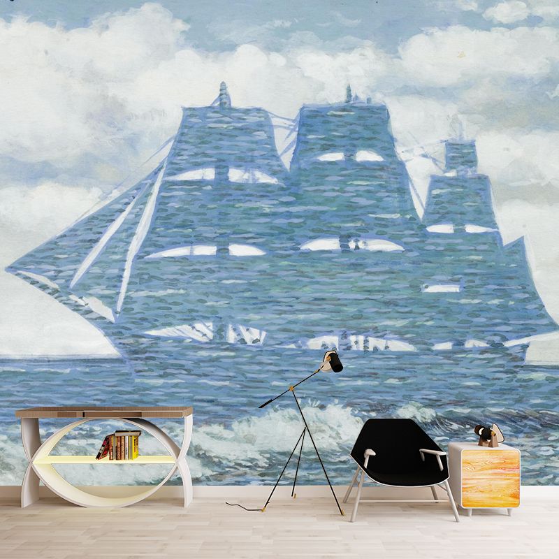 Big Sailing Ship Wallpaper Murals Surrealism Inspiring Artwork Wall Covering in Pink-Blue
