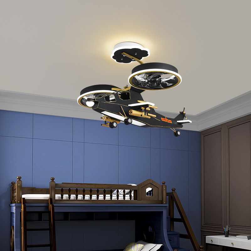 Childrens Military Helicopter LED Chandelier Acrylic Boys Room Hanging Light in Black