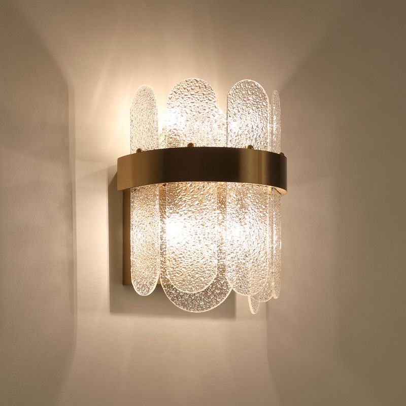 4 Heads Bedroom Wall Lamp Modern Style Golden Wall Lighting Sconce with Oval-Shape Clear Hammered Glass