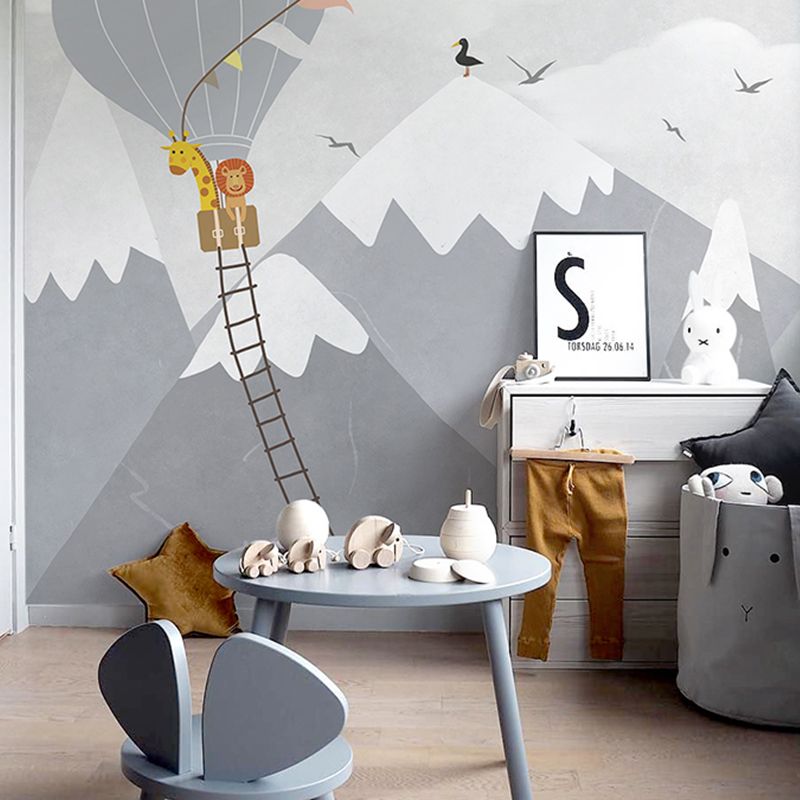Soft Color Cartoon Wall Mural Stain-Resistant Wall Covering for Kid's Bedroom