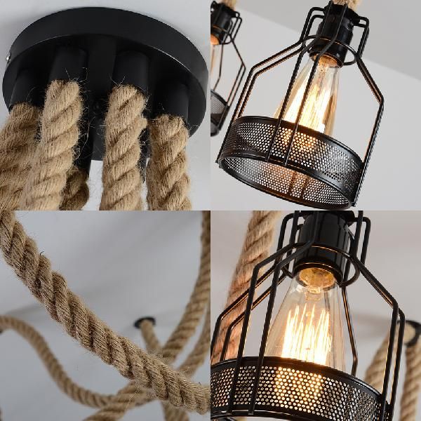 Black Swag Ceiling Fixture with Wire Cage Shade Antique Iron and Hemp Rope 8 Bulbs Restaurant Hanging Light