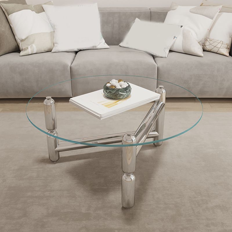 Glass Top Steel Coffee Table Round Minimalist Modern Coffee Table