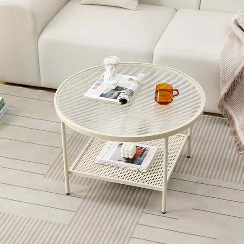 Modern 17.7"H Round Glass Cocktail Table Iron 4 Legs Coffee Table with Shelf