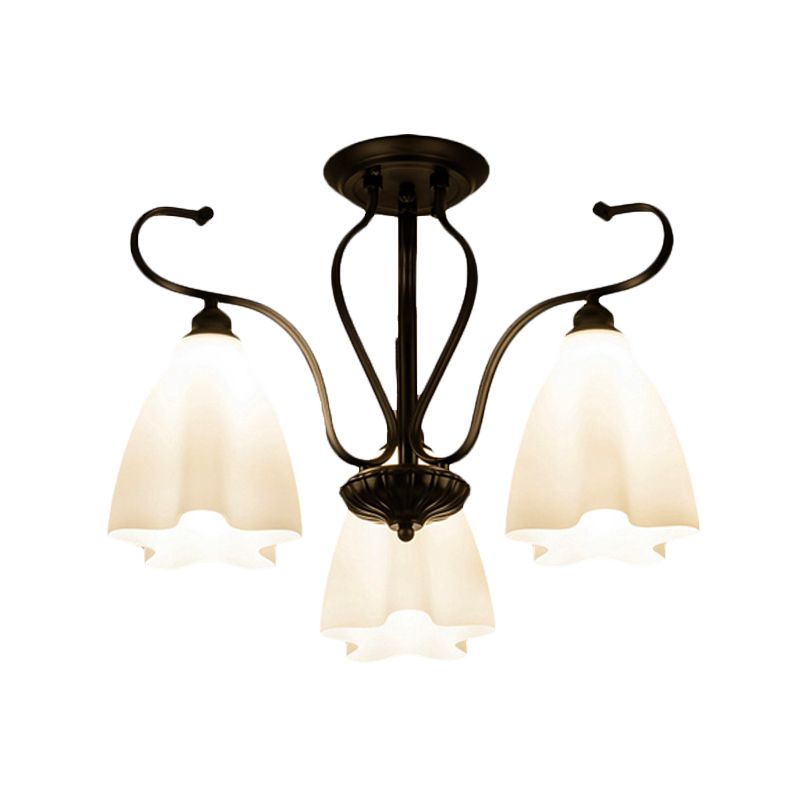 3/6/8 luci bianche Lampada del soffitto in vetro bianco classico Soggiorno a forma di fiori neri