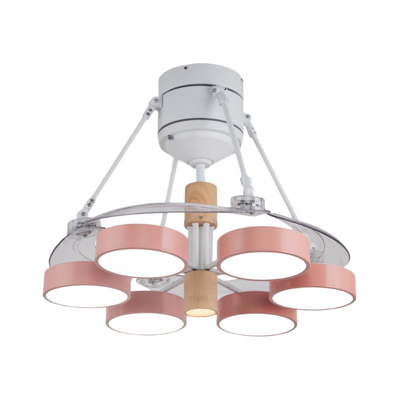 Simplicity Drum Pendant Fan Light Metallic 6-kop 48 "W Drawing Room dicht bij plafondlamp met 4 heldere messen in zwart/wit/roze