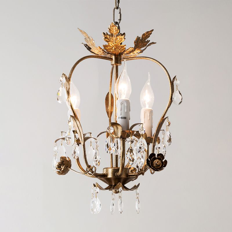 3 Lights Chandelier Pendant Countryside Inverted Pear Frame Crystal Hanging Lamp in Antiqued Brass
