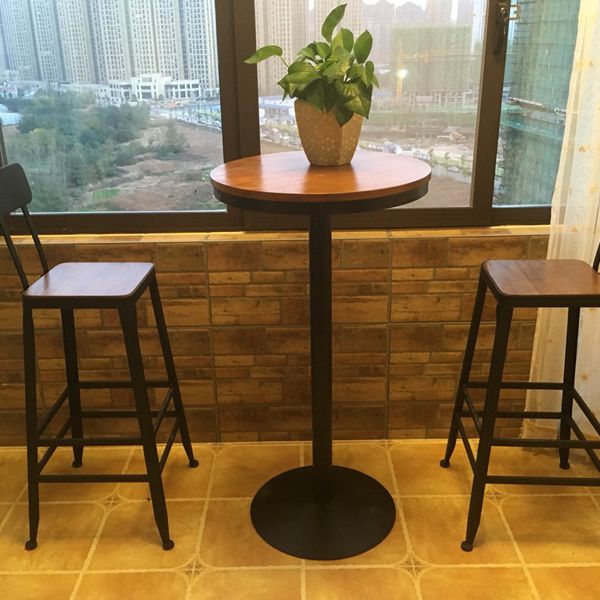 Industrial Style Black Iron Bar Table Brown Wood Top Bistro Table for Cafe