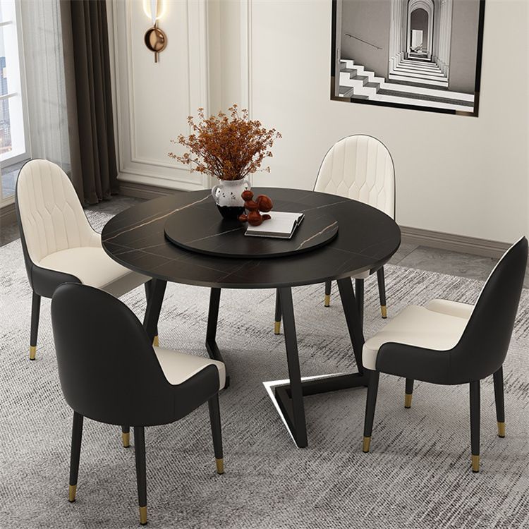 Black Double Pedestal Table Modern Round Stone and Metal Dining Room Table