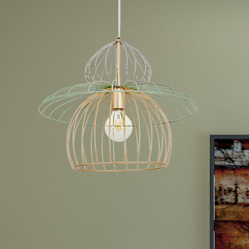 Iluminación colgante de jaula de alambre de metal Nordic Estilo simple 1 Luz de suspensión de oro ligero para comedor