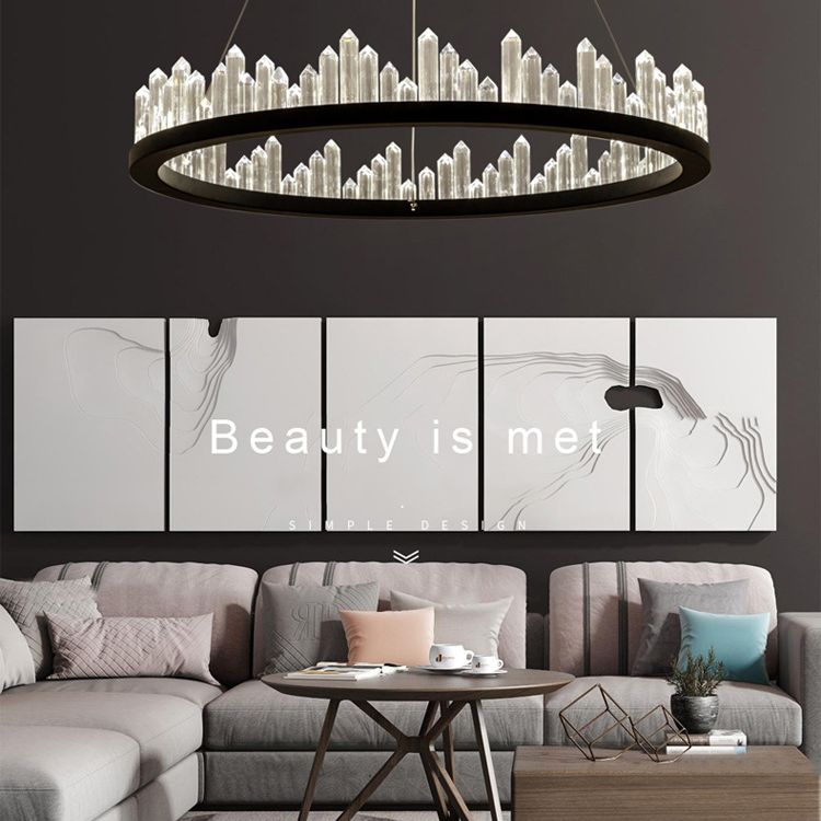 Black Circular LED Pendant Light in Modern Luxury Style Wrought Iron Hanging Lamp with Crystal Shade