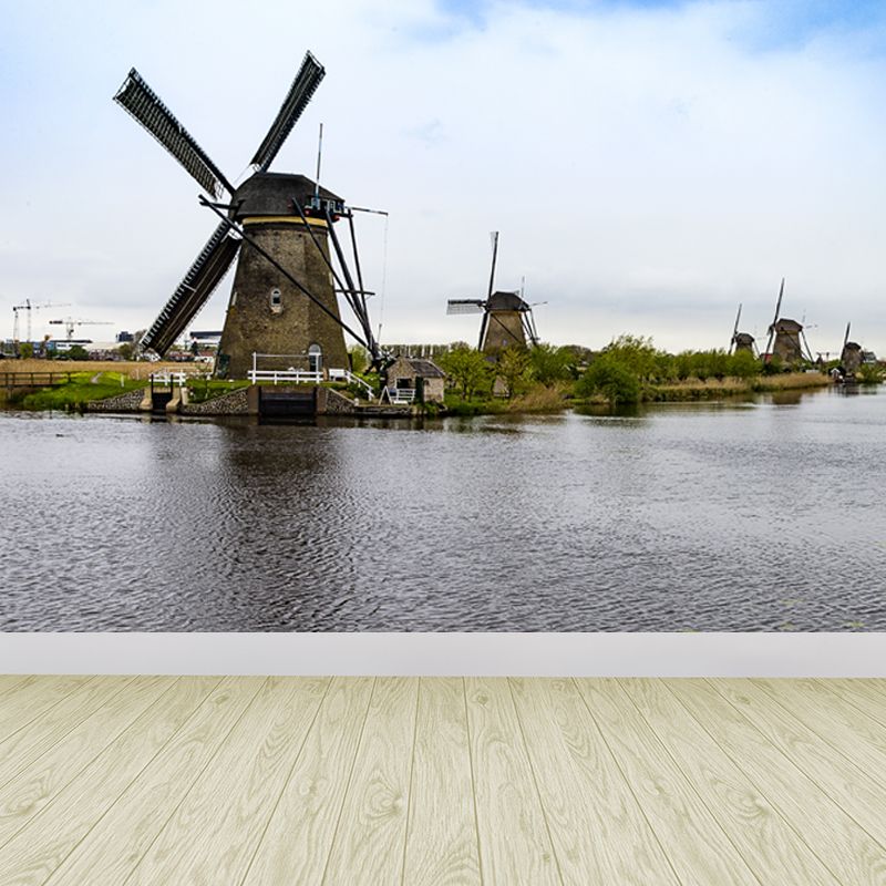 Full Size Photography Modern Mural Wallpaper with Spring Windmill Landscape in Blue