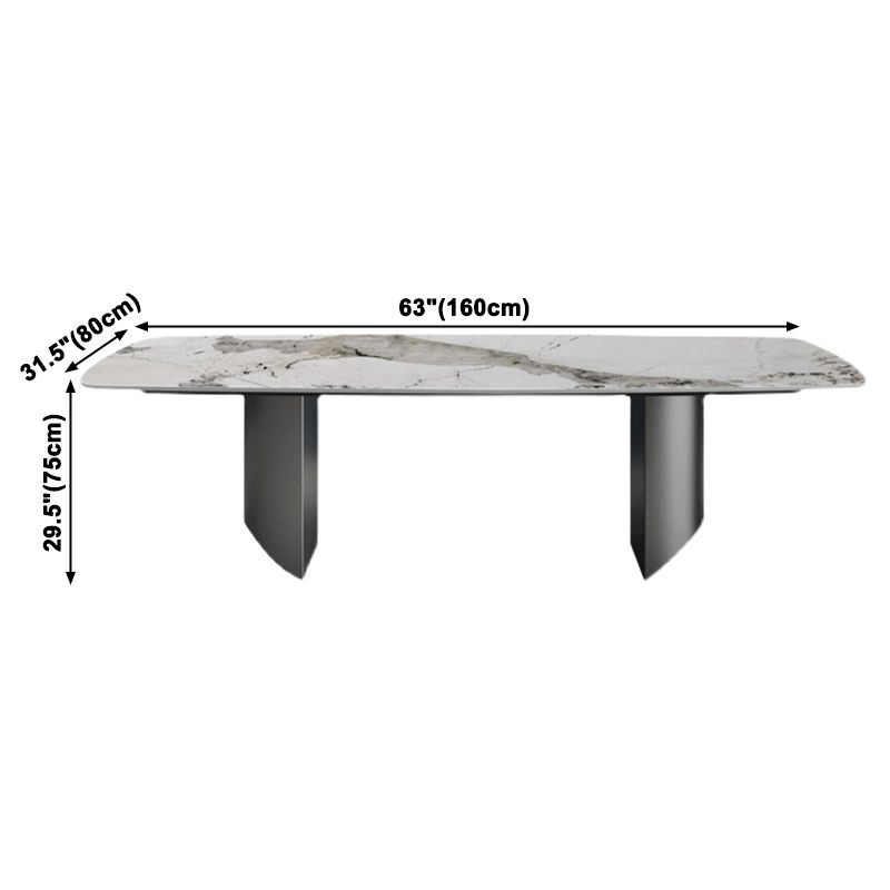 Sintered Stone Top Dining Table Rectangle Table with Grey Metal Base and Double Pedestal