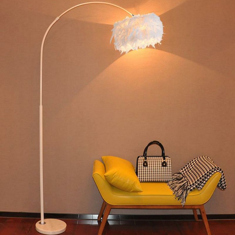 Feather Drum Stand Up Lamp Simplicity 1��Bulb Floor Lighting with Arc Arm for Living Room