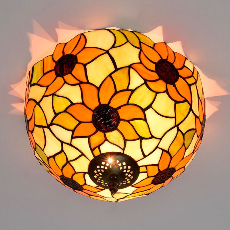 Stained Glass Sunflower Ceiling Fixture Tiffany 2/3 Lights Yellow and Green Flushmount Ceiling Lamp, 12"/16" W
