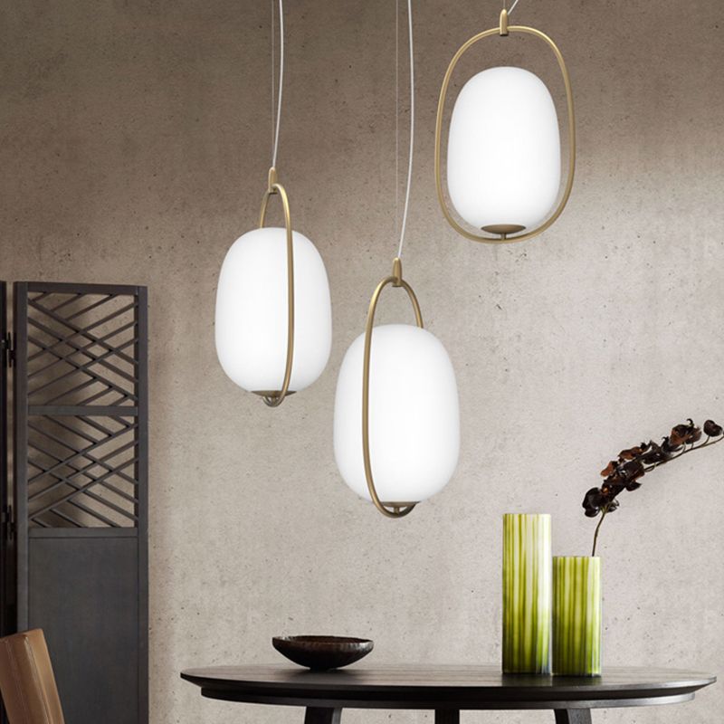 Postmodern Single Ceiling Hang Light Gold Cocoon Shaped Pendant Lamp with Frame and White Glass Shade, Warm/White/3 Color Light