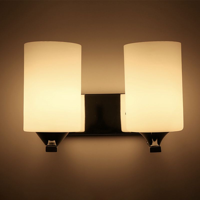 Milk White Cylindrical Glass Wall Lamp Contemporary Simplicity Style Sconce Lighting Fixture in Polished Silver