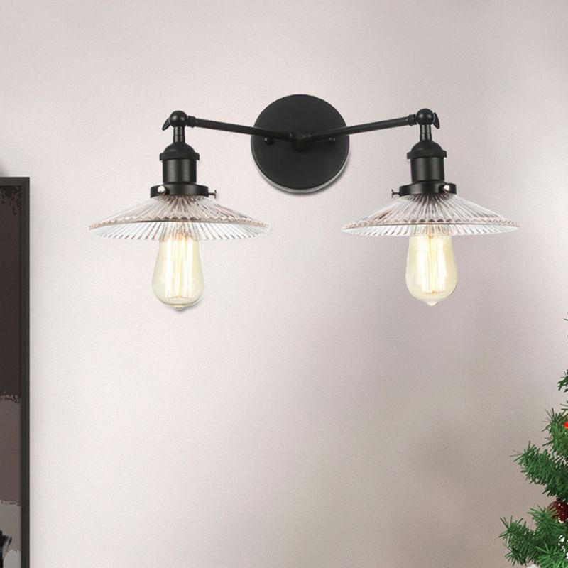 Saucer Clear Ribbed Glass Wall Sconce Light Warehouse 2 Lights Indoor Lighting Fixture in Bronze/Brass/Chrome