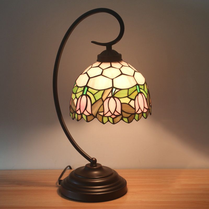 Bronze Curvy Night Light Baroque 1 Head Metal Red/Pink Rose/Tulip Patterned Desk Lighting with Bowl Cut Glass Shade